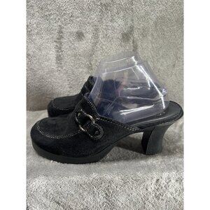Vtg Y2K 90s Black Faux Suede Buckle Heel Slip On Mules Women’s Size 9.5 chunky